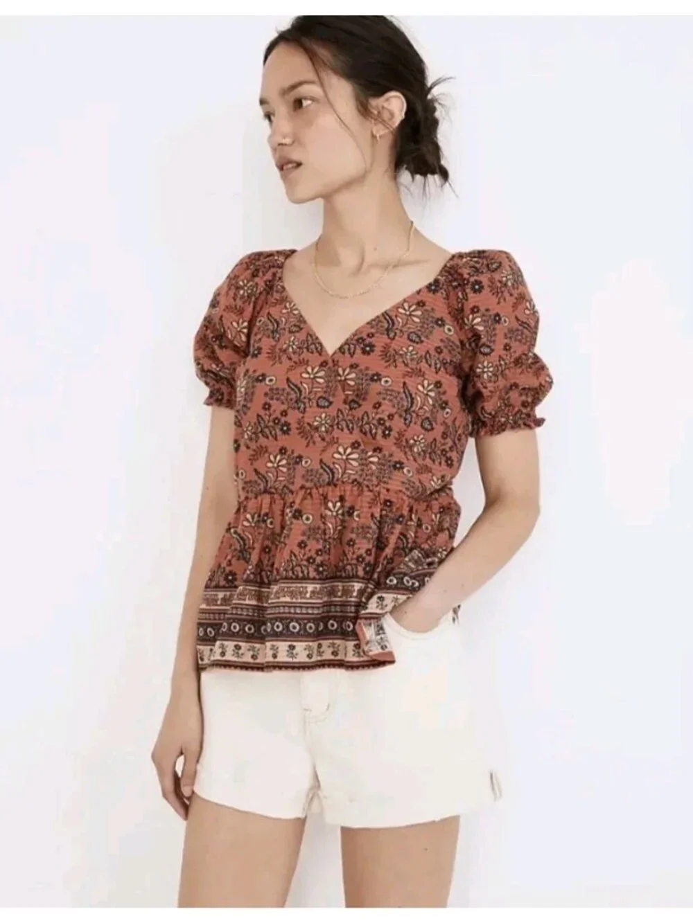 Madewell Puff Sleeve Surplice Peplum Hem Blouse Cavioli Floral Print Sz XXL